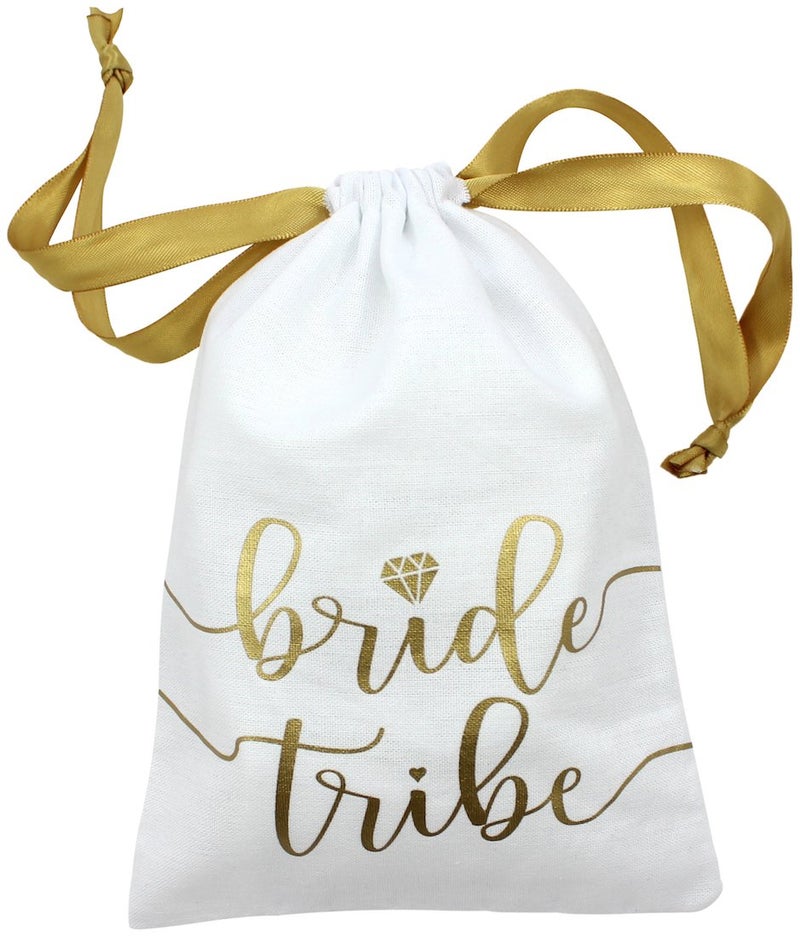Bachelorette to Bride 10pc Bride Tribe Drawstring Bags w/Satin Ribbon, 7x5â€ - Cotton Pouch for Bridesmaids, Bachelorette, Bridal Party, Bridal Shower, Wedding Favor, Survival Kit, Hangover Kit (10pc Pack, White & Gold) - Image 1